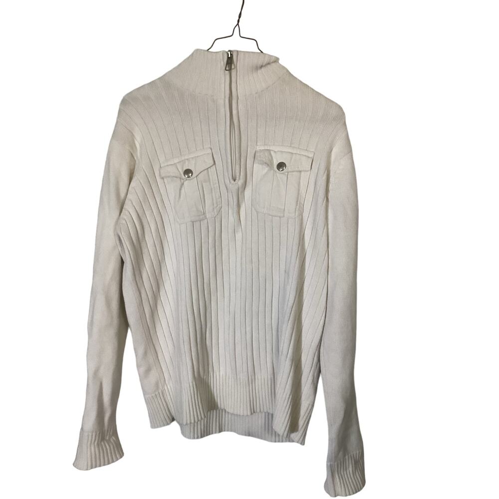 Mark Ecko Cut and Sew Sweater Mens Size M White Knit Sweater with Breast Pockets
